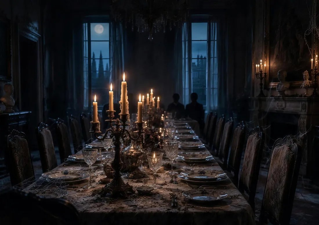 La sala da pranzo della masseria, con la tavola apparecchiata a lume di candela