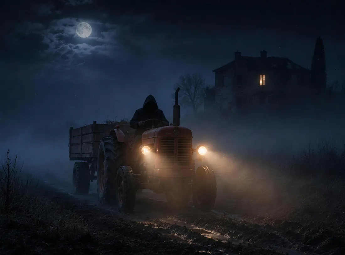 Il trattore con i fari accesi nella nebbia, sotto la luna