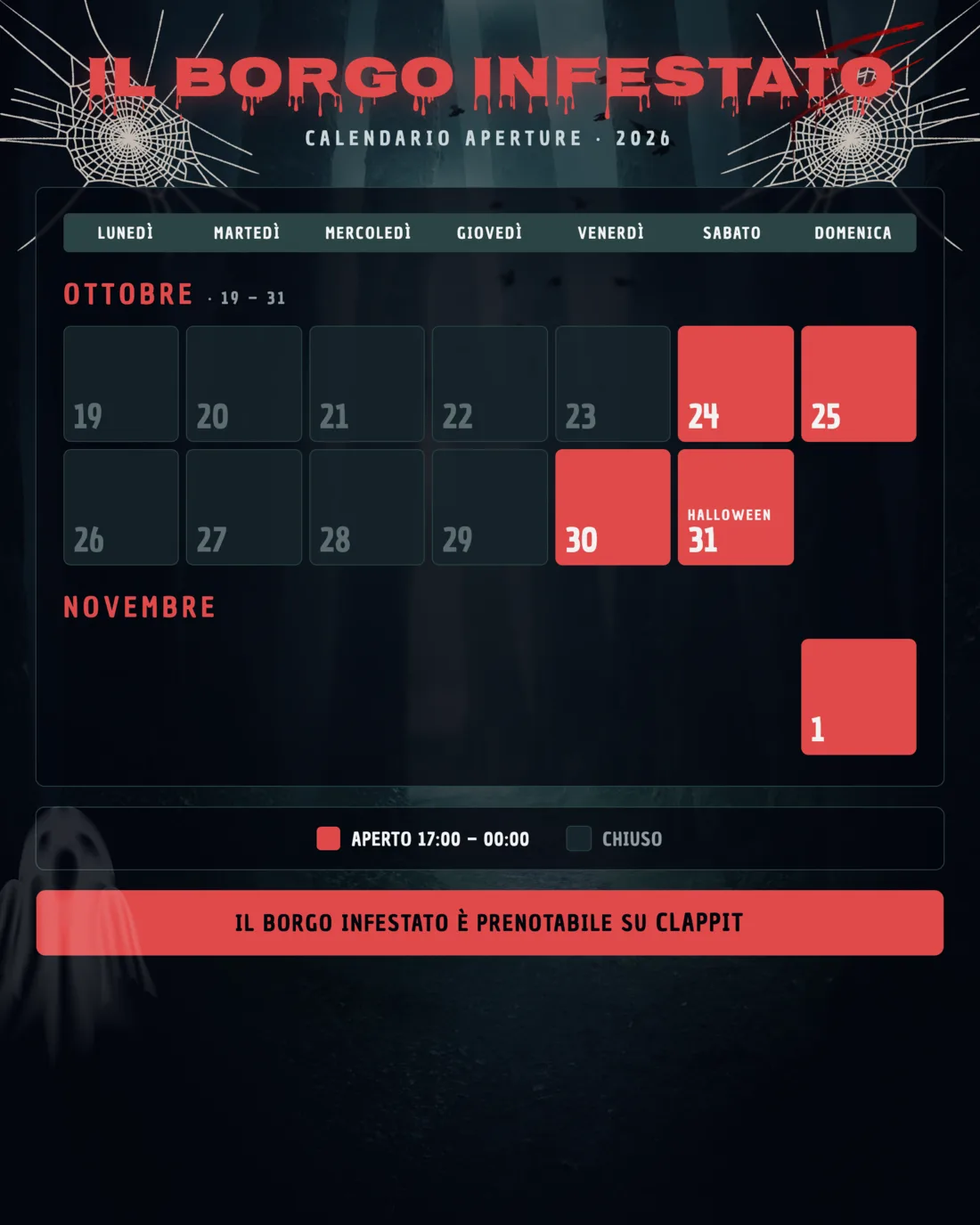 Calendario aperture Il Borgo Infestato 2026: 24, 25, 30, 31 ottobre e 1 novembre, dalle 17:00 alle 00:00
