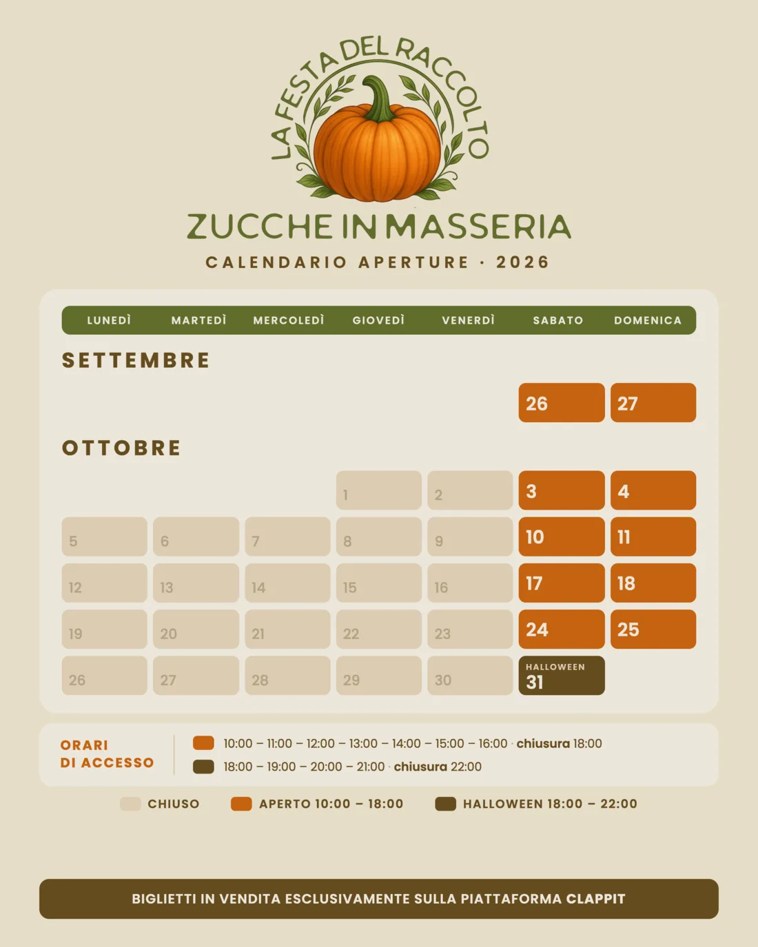 Calendario aperture Zucche in Masseria 2026: weekend dal 26 settembre al 31 ottobre