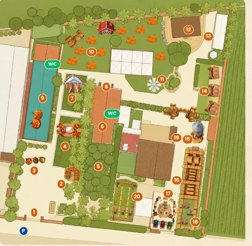 Mappa di Zucche in Masseria con le venti tappe del percorso, i servizi igienici e il parcheggio